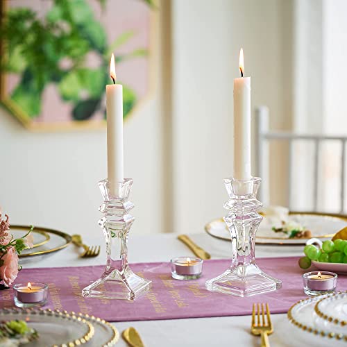 Romadedi Candle Holders Glass Crystal for Candlestick - Set of 2 Clear Taper Candle Holder Elegant Design Coffee Dinning Table Centerpiece for Wedding Party Christmas Home decoration, 16.5 cm