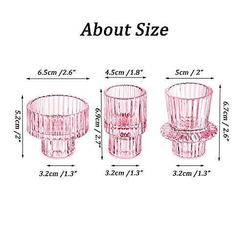 Glass Taper Tea light Candle Holders 2-in-1 Candlestick：Romadedi Pink Decorative Candleholder for Home Christmas Decor Dinning Table Centerpiece for Wedding Party, 3Pcs