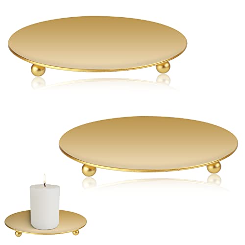 Candle Holders, 2Pcs Candle Plates and Trays, Metal Candle Tray Plate, Candle Holders for Pillar Candles, Sturdy Candle Stick Holder, Gold Candle Holder for Living Room Christmas Diwali Party Pray Spa