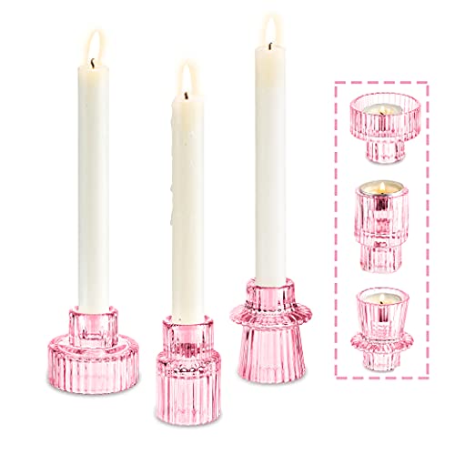 Glass Taper Tea light Candle Holders 2-in-1 Candlestick：Romadedi Pink Decorative Candleholder for Home Christmas Decor Dinning Table Centerpiece for Wedding Party, 3Pcs