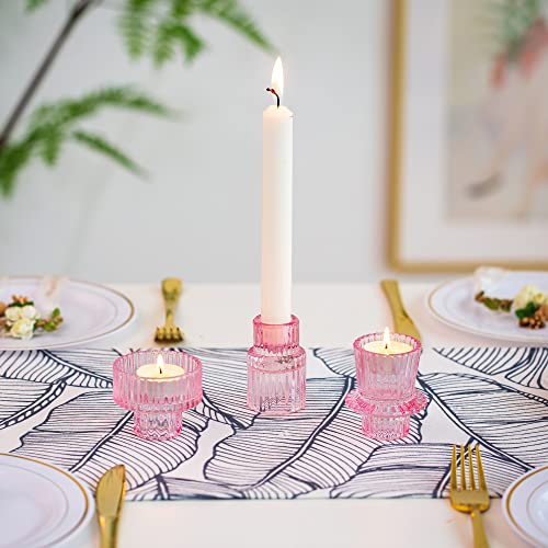 Glass Taper Tea light Candle Holders 2-in-1 Candlestick：Romadedi Pink Decorative Candleholder for Home Christmas Decor Dinning Table Centerpiece for Wedding Party, 3Pcs