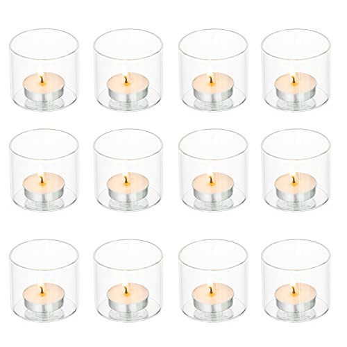 Romadedi Tea Light Candle Holders Glass - Tealight Holder Clear Set of 12 Bulk for Floating Votive Candles Dinner Table Centerpiece Wedding Party Christmas Decor, 5.7 x 5 cm