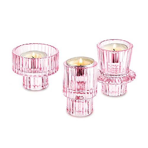 Glass Taper Tea light Candle Holders 2-in-1 Candlestick：Romadedi Pink Decorative Candleholder for Home Christmas Decor Dinning Table Centerpiece for Wedding Party, 3Pcs