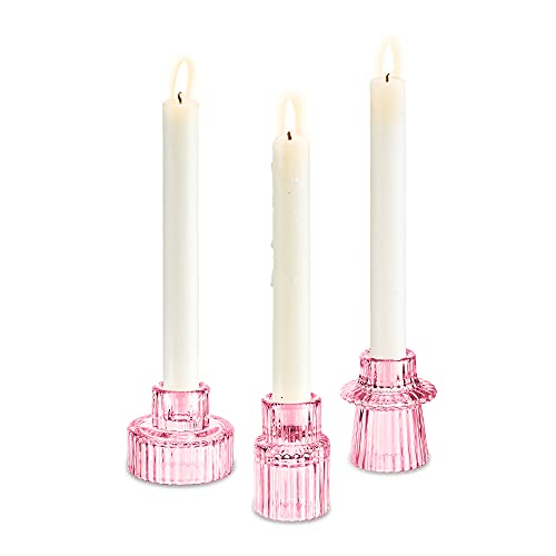 Glass Taper Tea light Candle Holders 2-in-1 Candlestick：Romadedi Pink Decorative Candleholder for Home Christmas Decor Dinning Table Centerpiece for Wedding Party, 3Pcs