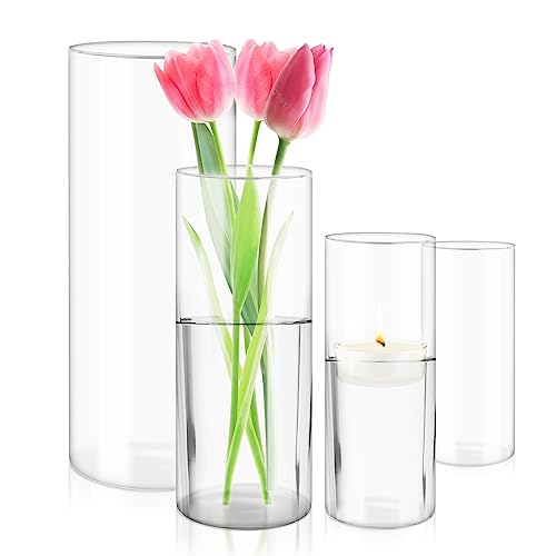 4 Pieces Set Clear Flower Vase for Candles, Votive Tea Light Glass Candle Holders, Cylinder Candleholder, Modern Basic Vases for Dining Table Decorations Wedding Centrepieces Living Room Christmas