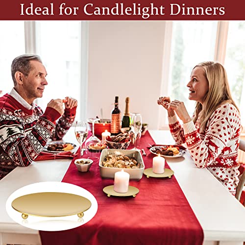 Candle Holders, 2Pcs Candle Plates and Trays, Metal Candle Tray Plate, Candle Holders for Pillar Candles, Sturdy Candle Stick Holder, Gold Candle Holder for Living Room Christmas Diwali Party Pray Spa