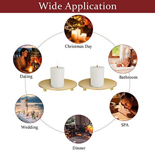 Candle Holders, 2Pcs Candle Plates and Trays, Metal Candle Tray Plate, Candle Holders for Pillar Candles, Sturdy Candle Stick Holder, Gold Candle Holder for Living Room Christmas Diwali Party Pray Spa