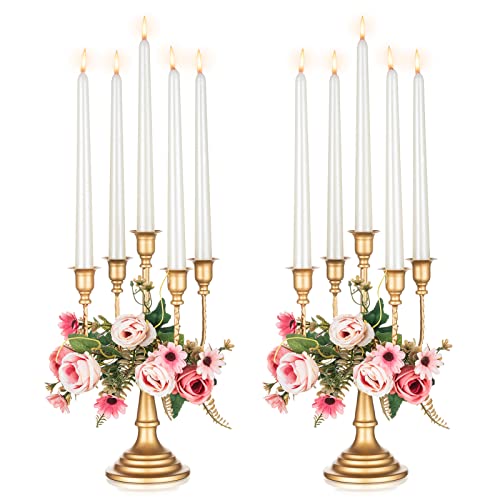 Nuptio Gold Candelabras Candle Holder 29.5cm Set of 2 Metal Candelabra Centrepiece 5-candles Candle Stick Stands Candleholder Fireplace Wedding Reception Antique Decorative Dinning Table Christmas