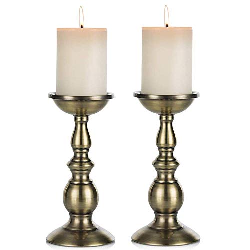 NUPTIO Bronze 2 Pcs Iron Pillar Candle Holders, Ideal for 80mm Pillar Candles or Flameless Led Candles, Halloween Christmas Candle Holder Decorations, Gifts for Wedding Party Home Spa Reiki(2 x L)