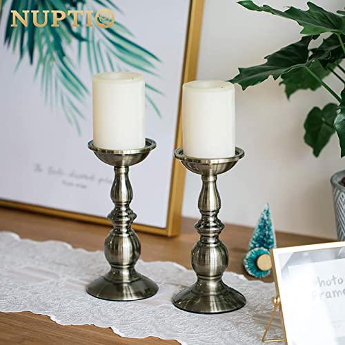 NUPTIO Bronze 2 Pcs Iron Pillar Candle Holders, Ideal for 80mm Pillar Candles or Flameless Led Candles, Halloween Christmas Candle Holder Decorations, Gifts for Wedding Party Home Spa Reiki(2 x L)