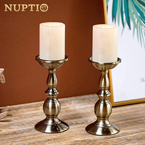 NUPTIO Bronze 2 Pcs Iron Pillar Candle Holders, Ideal for 80mm Pillar Candles or Flameless Led Candles, Halloween Christmas Candle Holder Decorations, Gifts for Wedding Party Home Spa Reiki(2 x L)
