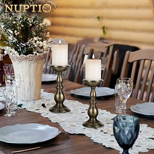 NUPTIO Bronze 2 Pcs Iron Pillar Candle Holders, Ideal for 80mm Pillar Candles or Flameless Led Candles, Halloween Christmas Candle Holder Decorations, Gifts for Wedding Party Home Spa Reiki(2 x L)