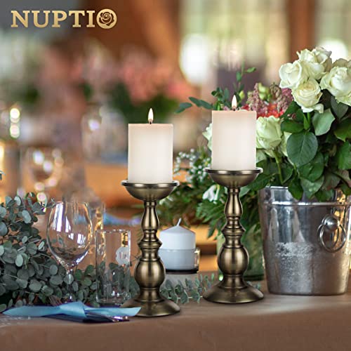 NUPTIO Bronze 2 Pcs Iron Pillar Candle Holders, Ideal for 80mm Pillar Candles or Flameless Led Candles, Halloween Christmas Candle Holder Decorations, Gifts for Wedding Party Home Spa Reiki(2 x L)