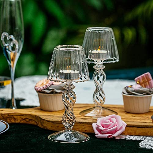 Sziqiqi Clear Glass Tea Light Candle Holders, 4Pcs Lamp Shape Tealight Holders, Elegant Table Centrepieces for Mantelpiece Dining Rooms Wedding Party Christmas