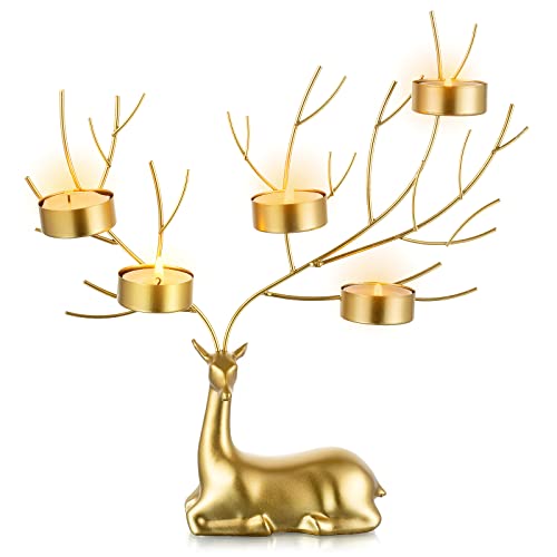 Sziqiqi Reindeer Animal Tealight Candle Holders, Metal Stag 5 Candle Tea Light Holders for Christmas Table Centerpiece Gold Decorative Deer Gift for Living Room Fireplace Mantle Table Ornament