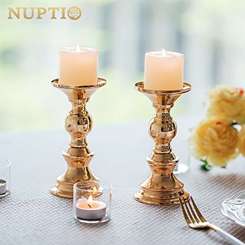 NUPTIO Set of 2 Gold Metal Pillar Candle Holders, Wedding Centerpieces Candlestick Holders for 50mm Candles Stand Decoration Ideal for Weddings Special Events Parties, Christmas Candle Holder