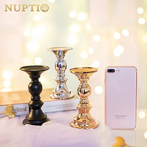 NUPTIO Set of 2 Gold Metal Pillar Candle Holders, Wedding Centerpieces Candlestick Holders for 50mm Candles Stand Decoration Ideal for Weddings Special Events Parties, Christmas Candle Holder