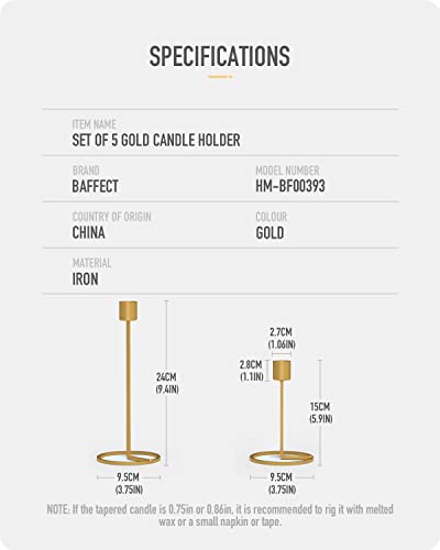 Baffect Season Candle Holder Set of 5, Iron Candle Light Holder Wedding Christmas Table Centrepiece Decoration Gold Candle Holders for Wedding Party Dinner Feast Decor (5pcs)