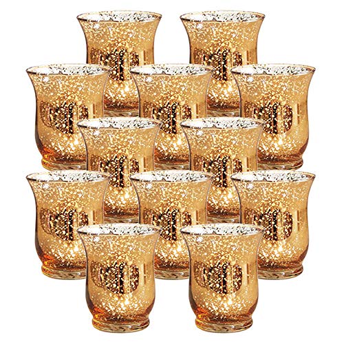 Nuptio Tea Light Candle Holders Set of 12 Mercury Glass Hurricane Votive Tealight Holder Bulk, Speckled Gold Finish Candleholders for Wedding Table Party Christmas Dinner Centrepiece Decorations