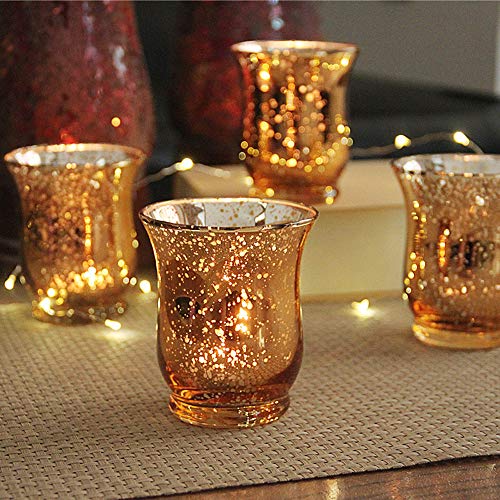 Nuptio Tea Light Candle Holders Set of 12 Mercury Glass Hurricane Votive Tealight Holder Bulk, Speckled Gold Finish Candleholders for Wedding Table Party Christmas Dinner Centrepiece Decorations