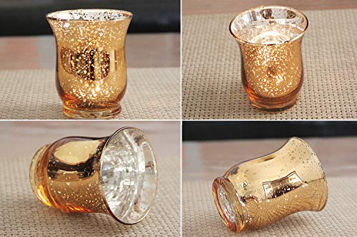Nuptio Tea Light Candle Holders Set of 12 Mercury Glass Hurricane Votive Tealight Holder Bulk, Speckled Gold Finish Candleholders for Wedding Table Party Christmas Dinner Centrepiece Decorations