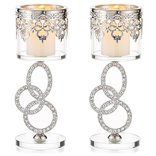 Sziqiqi Crystal Tea Light Candle Holders - Silver Metal Pillar Candle Holder, Tealight Candleholder Set for Living Room Christmas Party Wedding Table Centrepiece Decoration