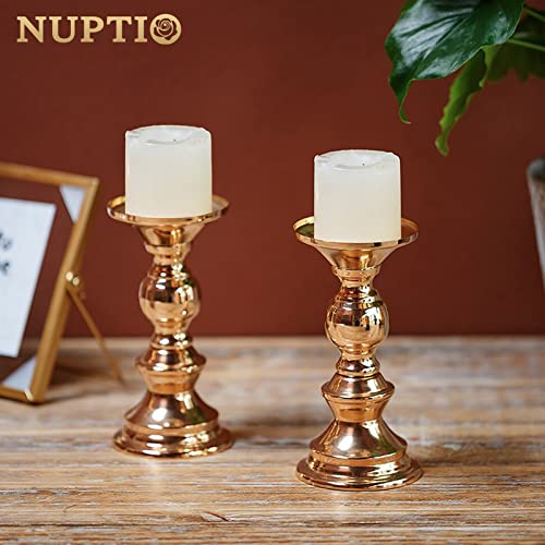 NUPTIO Set of 2 Gold Metal Pillar Candle Holders, Wedding Centerpieces Candlestick Holders for 50mm Candles Stand Decoration Ideal for Weddings Special Events Parties, Christmas Candle Holder