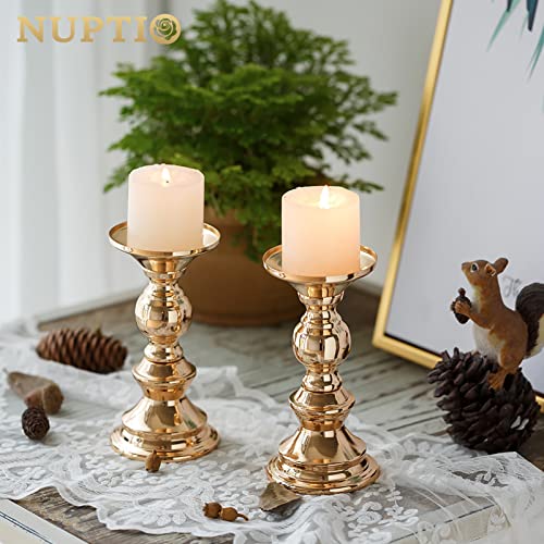 NUPTIO Set of 2 Gold Metal Pillar Candle Holders, Wedding Centerpieces Candlestick Holders for 50mm Candles Stand Decoration Ideal for Weddings Special Events Parties, Christmas Candle Holder