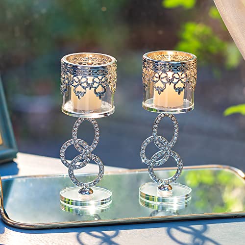 Sziqiqi Crystal Tea Light Candle Holders - Silver Metal Pillar Candle Holder, Tealight Candleholder Set for Living Room Christmas Party Wedding Table Centrepiece Decoration