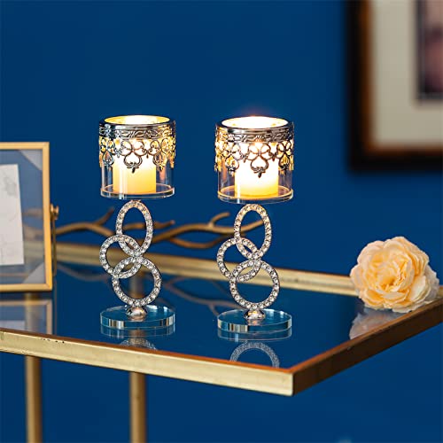Sziqiqi Crystal Tea Light Candle Holders - Silver Metal Pillar Candle Holder, Tealight Candleholder Set for Living Room Christmas Party Wedding Table Centrepiece Decoration