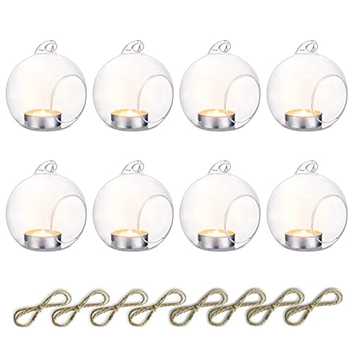 NUPTIO 8cm Dia 8 Pcs Hanging Glass Globe Tea Light Candle Holders Home Wedding Party Halloween Centerpieces Decor Indoor & Outdoor Tealight Candleholders, Christmas Candle Holder Decorations