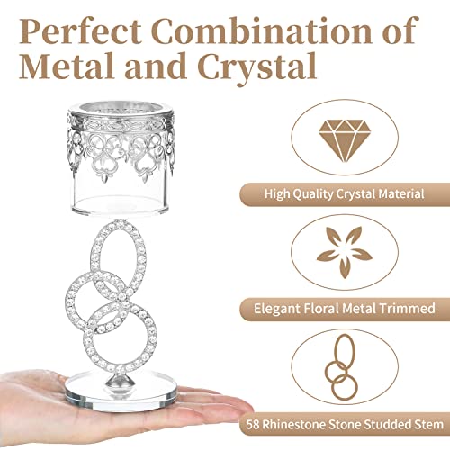 Sziqiqi Crystal Tea Light Candle Holders - Silver Metal Pillar Candle Holder, Tealight Candleholder Set for Living Room Christmas Party Wedding Table Centrepiece Decoration