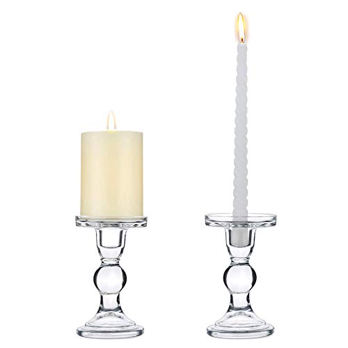 NUPTIO Set of 2 Clear Glass Pillar Candle Holders, Wedding Centerpieces Candlestick Holders for 80mm Candles & Taper Candles Ideal Decoration for Weddings Events Parties, Christmas Candle Holder