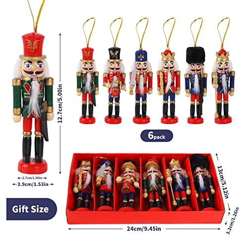 6 Pcs Christmas Wooden Nutcracker Ornaments,13cm Mini Figures Soldier Nutcracker Puppet,Wooden Nutcracker King Figurines Hanging Ornaments for Traditional Christmas Tree Decoration,Party Decor