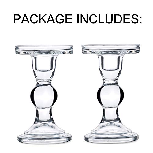 NUPTIO Set of 2 Clear Glass Pillar Candle Holders, Wedding Centerpieces Candlestick Holders for 80mm Candles & Taper Candles Ideal Decoration for Weddings Events Parties, Christmas Candle Holder