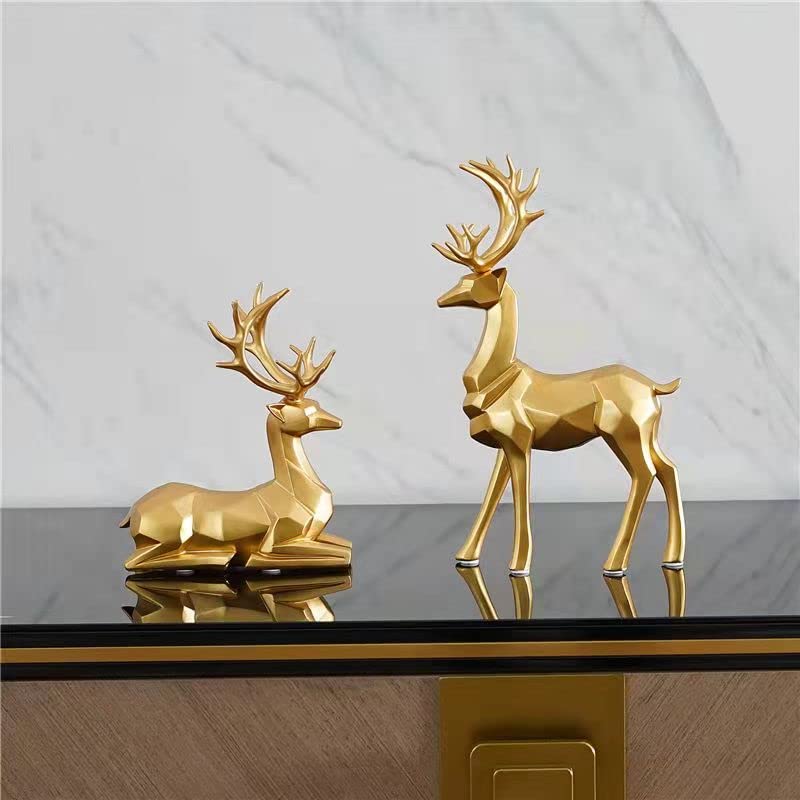 2 Pieces Christmas Reindeer Figurines Decor Nordic European Style Deer Statue Fireplace Window Desk Bedroom Shelf Ornament for Home Living Room Office Decoration (Gold)