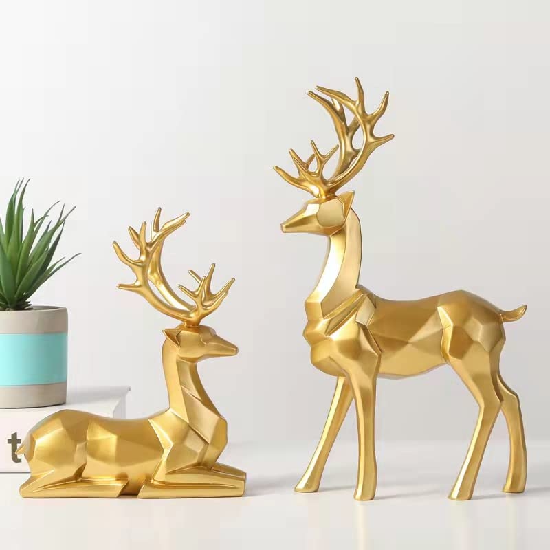 2 Pieces Christmas Reindeer Figurines Decor Nordic European Style Deer Statue Fireplace Window Desk Bedroom Shelf Ornament for Home Living Room Office Decoration (Gold)
