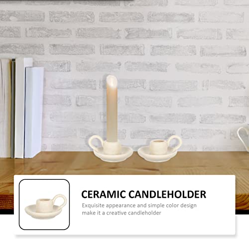 Angoily 2pcs Candle Stick Candle Holder- Nordic Style Taper Candle Holders- Decorative Ceramic Candle Holder with Handle for Halloween Christmas Dining Room Home Decoration Display ( Beige )