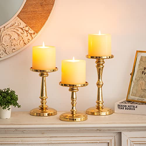 Gold Candle Holders for Pillar Candles - Matte Tall Candle Holder Set of 3 Large Pillar Candle Holders Metal Candlestick Holders Inweder Christmas Candle Holders for Table Wedding Fireplace Home Decor