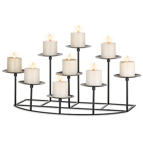 Sziqiqi Fireplace Candelabra Candle Holders for Pillar Candle, Matte Black Pillar Candle Holder with 9 Candle Stands Metal Candleholders for Christmas Halloween Mantel Floor Table Centerpiece