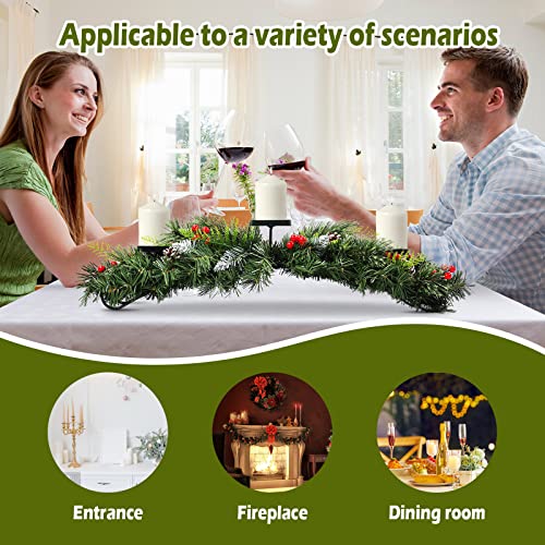 Christmas Candle Holder Centerpiece for Table - Foldable Big Size 720mm-Pine Cones Red Berry Table Centerpieces with 3 Candles Holders for Dining Room, Kitchen, Mantel, Christmas Holiday