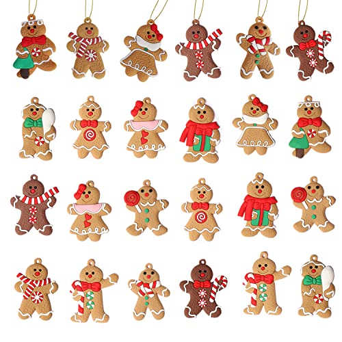 Goledele 24 Pack Christmas Gingerbread Ornaments Set for Christmas Tree, Christmas Tree Hanging Ornaments,Christmas Tree Decorations，Ginger Man with Strings Figurine Hanging Ornaments for Xmas Tree