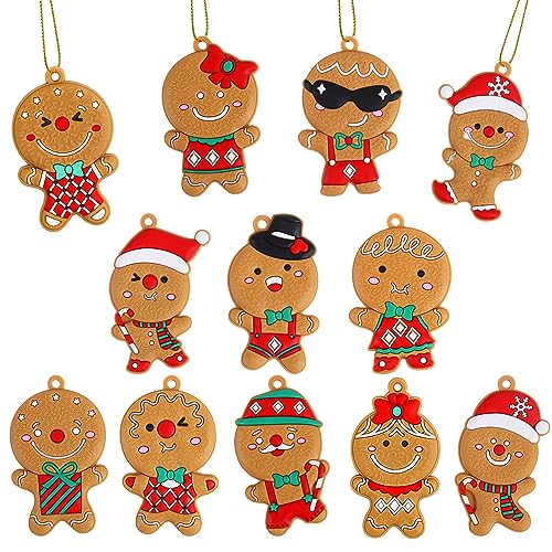 VEYLIN Christmas Gingerbread Ornaments,12 Pack Assorted Ginger Man Clay Figurine with Strings for Xmas Tree Decorations
