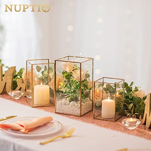 Nuptio Hurricane Candle Holder Glass - Set of 3 Decorative Candle Lantern for Pillar, Tempered Glass Candleholder Outdoor for Wedding Christmas Halloween Living Room Tabletop Fireplace Home Decor Gold