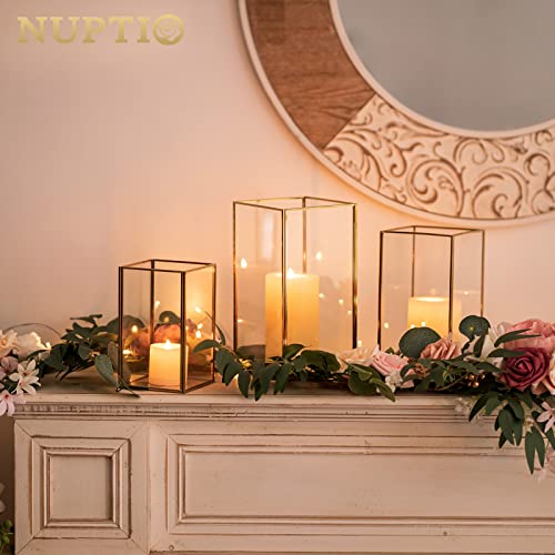 Nuptio Hurricane Candle Holder Glass - Set of 3 Decorative Candle Lantern for Pillar, Tempered Glass Candleholder Outdoor for Wedding Christmas Halloween Living Room Tabletop Fireplace Home Decor Gold