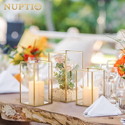 Nuptio Hurricane Candle Holder Glass - Set of 3 Decorative Candle Lantern for Pillar, Tempered Glass Candleholder Outdoor for Wedding Christmas Halloween Living Room Tabletop Fireplace Home Decor Gold