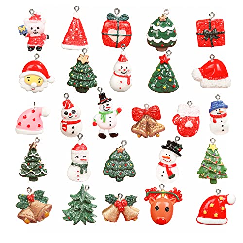 26pcs Christmas Resin Miniature Ornaments, Christmas Miniature Ornament Kits, Mini Christmas Ornaments, Santa/Snowman/Elk/Bell/Christmas Tree/Gift Box/Christmas Hat, for Hanging with Strings