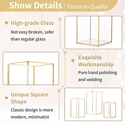 Nuptio Hurricane Candle Holder Glass - Set of 3 Decorative Candle Lantern for Pillar, Tempered Glass Candleholder Outdoor for Wedding Christmas Halloween Living Room Tabletop Fireplace Home Decor Gold