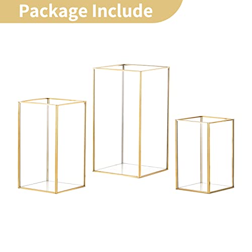 Nuptio Hurricane Candle Holder Glass - Set of 3 Decorative Candle Lantern for Pillar, Tempered Glass Candleholder Outdoor for Wedding Christmas Halloween Living Room Tabletop Fireplace Home Decor Gold