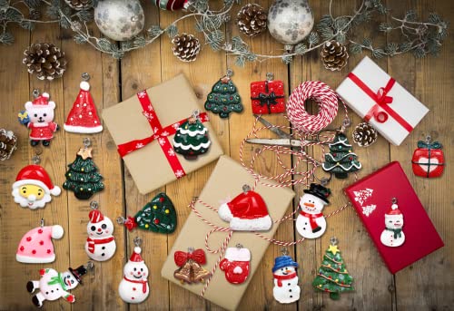 26pcs Christmas Resin Miniature Ornaments, Christmas Miniature Ornament Kits, Mini Christmas Ornaments, Santa/Snowman/Elk/Bell/Christmas Tree/Gift Box/Christmas Hat, for Hanging with Strings